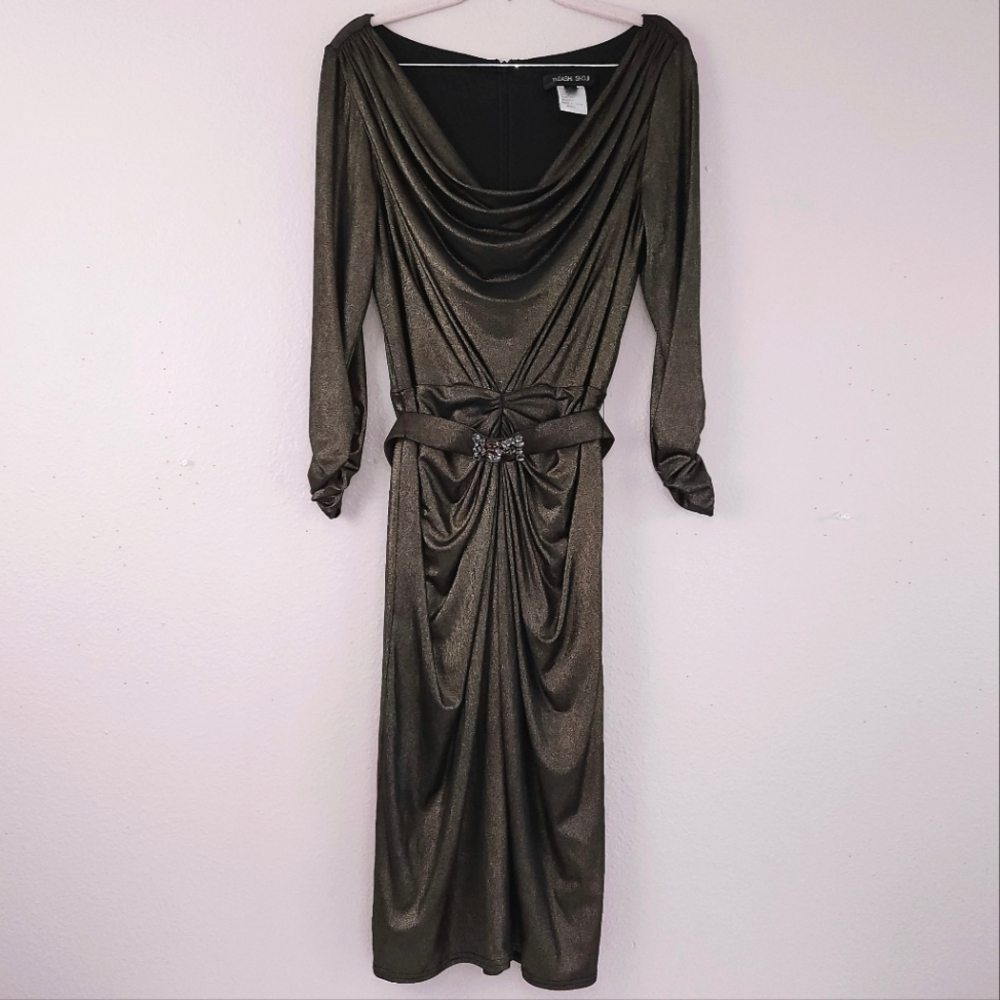 TADASHI SHOJI Metallic Dress Ruched Sleeve Jeweled Belted
